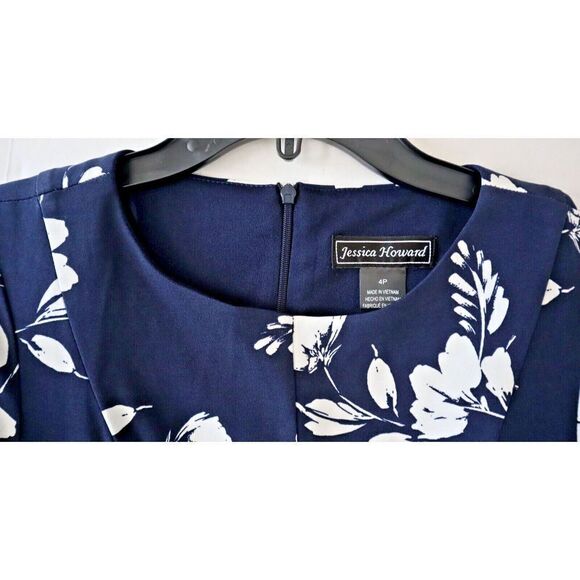 Jessica Howard Women's Petite Sz 4 Navy Floral Print Mesh Trimmed Dress $99 - Picture 3 of 16